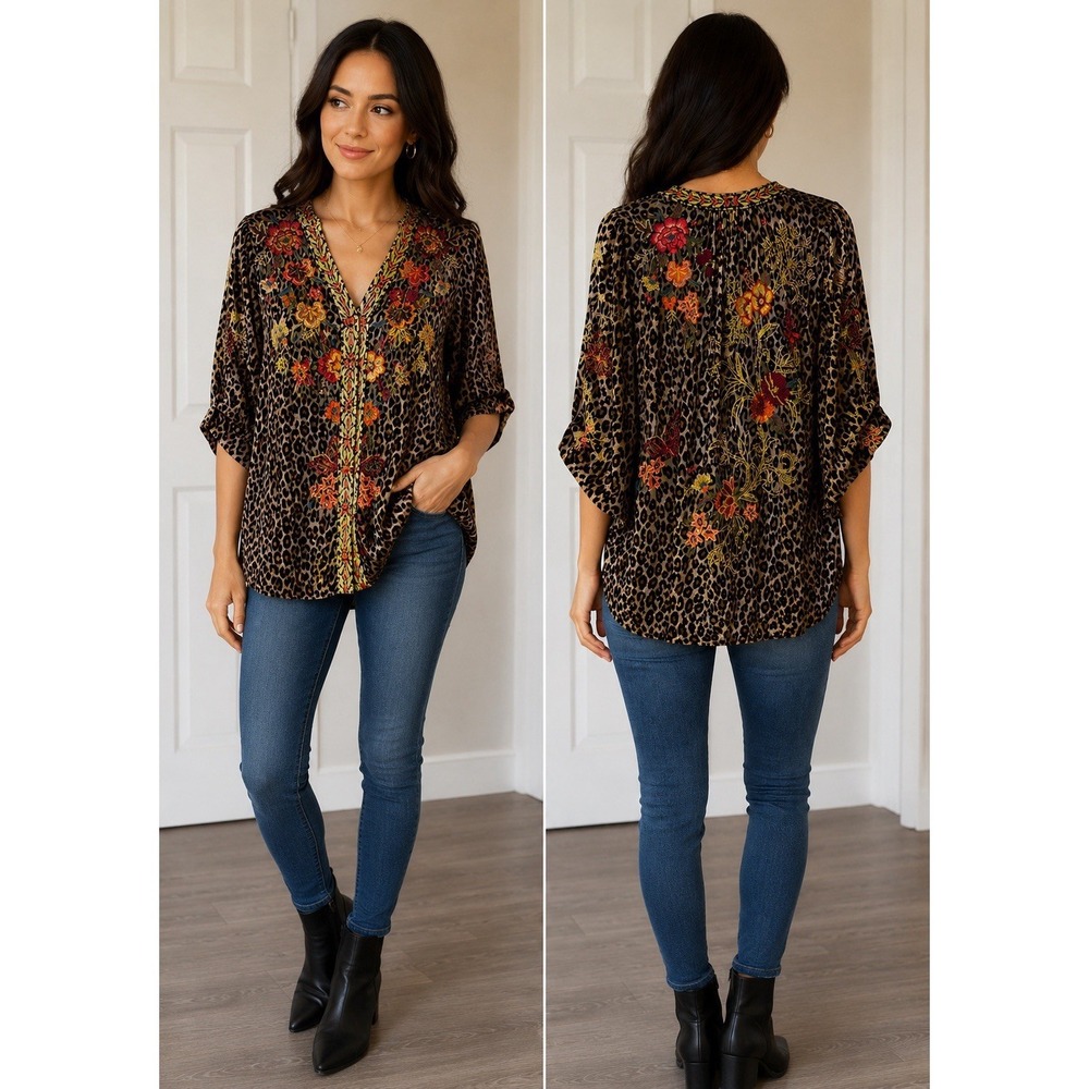 Johnny Was Velvet Leopard Print Embroidered Silk Blend Tunic Top Size S Flowers